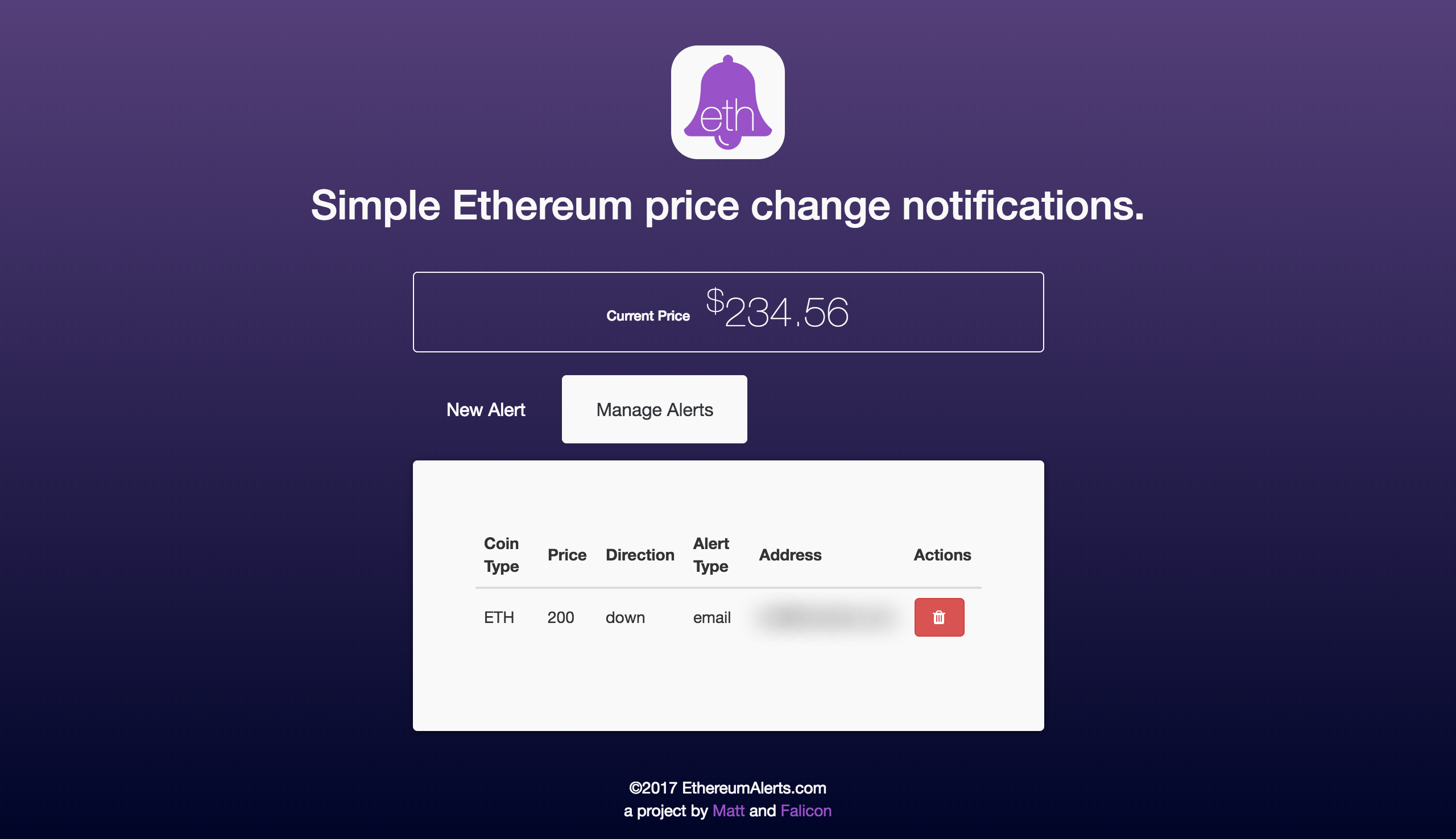 Ethereum Alerts App User Interface Design by Matt Gagliano showing Alert Management editing section