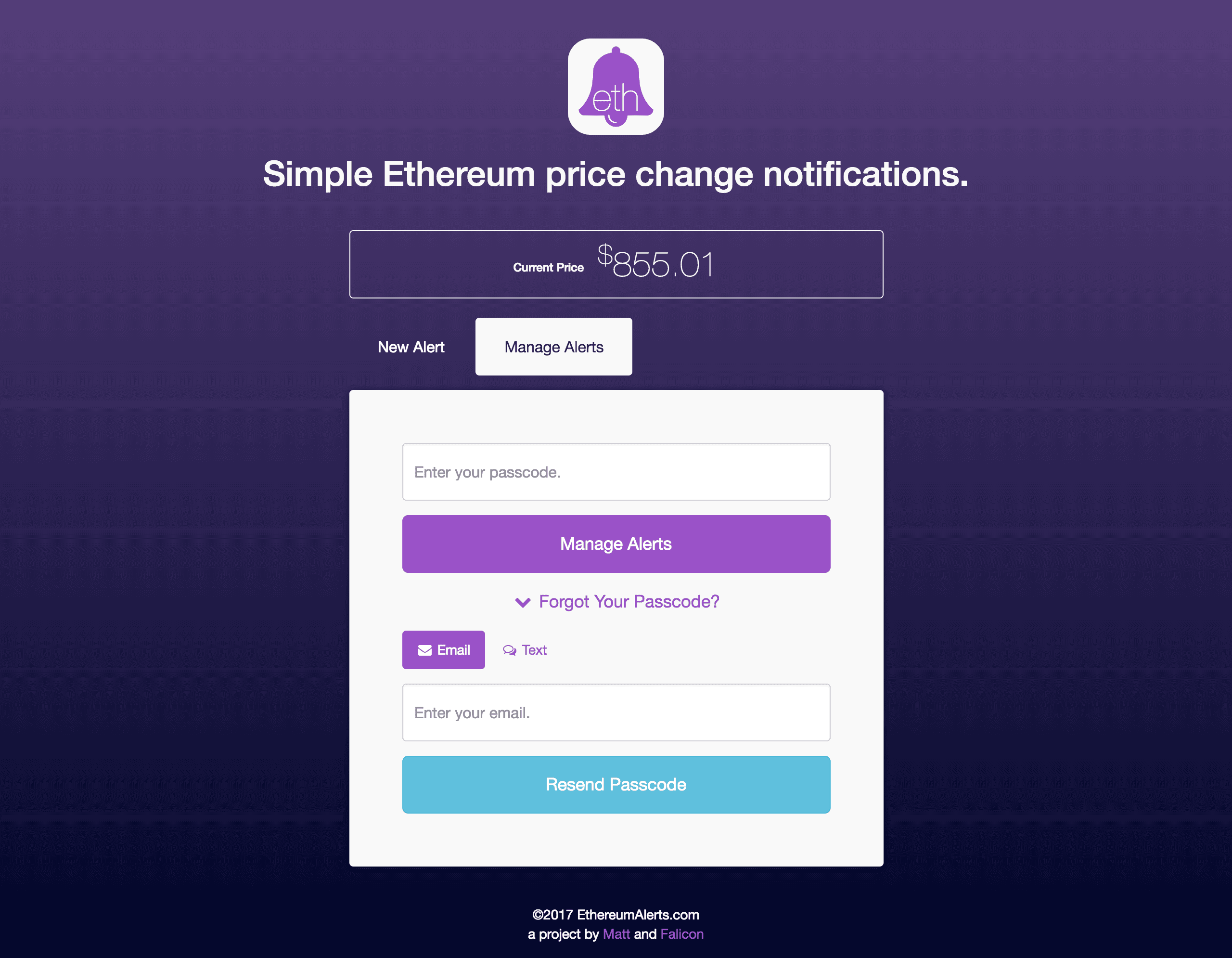 Ethereum Alerts App User Interface Design by Matt Gagliano showing Alert Management login section