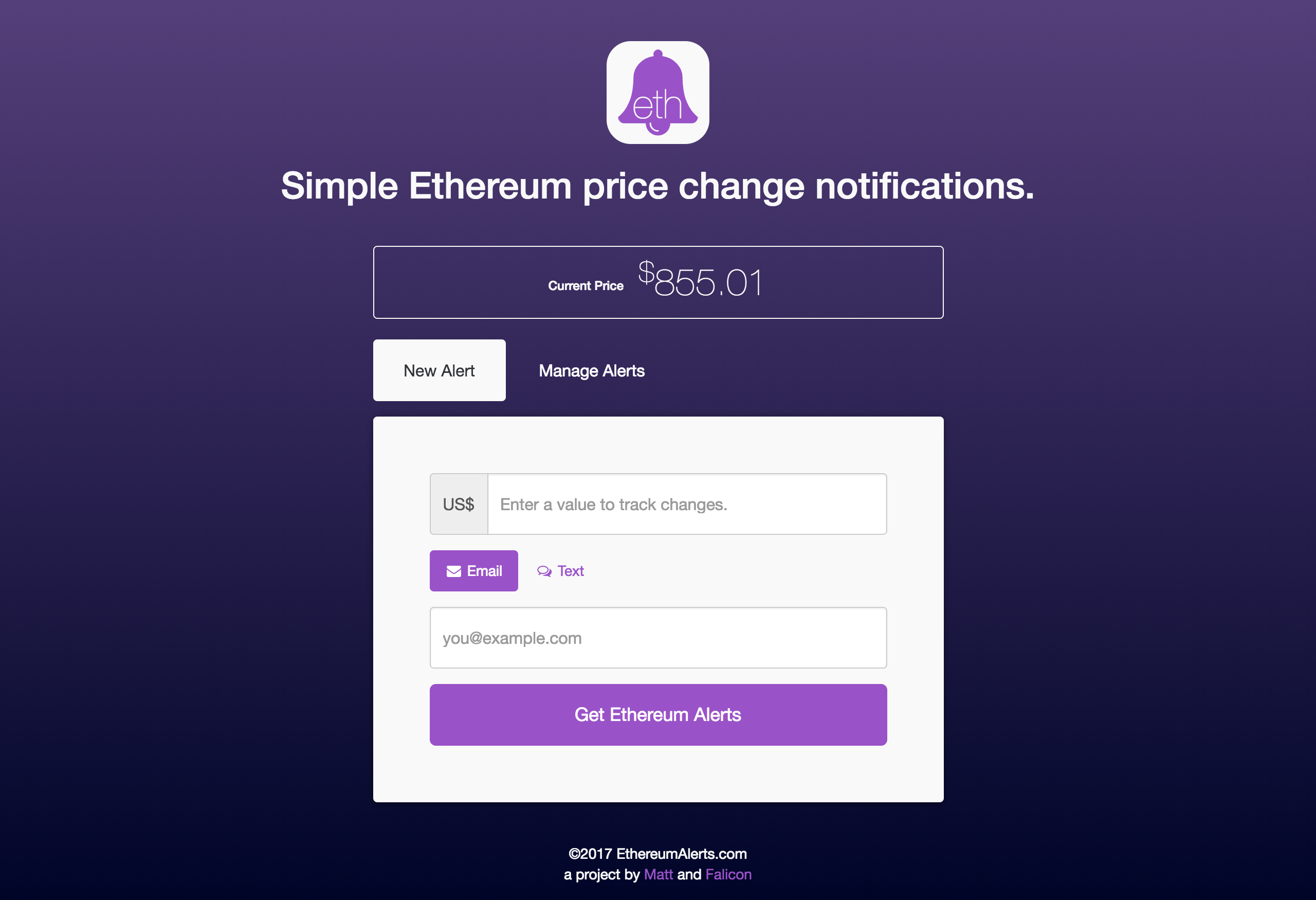 Ethereum Alerts App User Interface Design by Matt Gagliano showing Current Price of Ethereum and New Alerts section